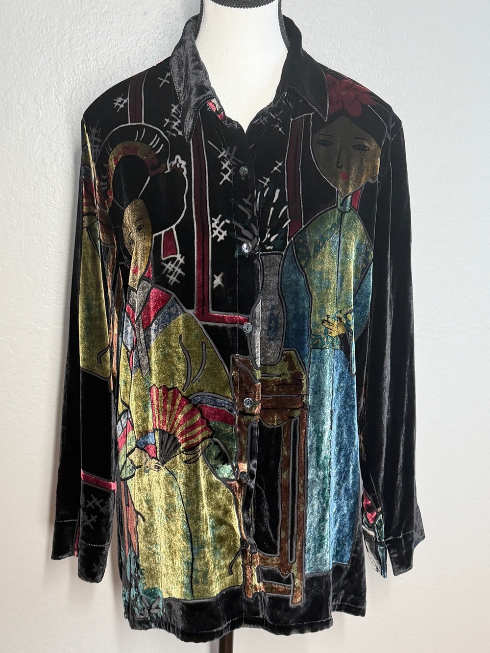 Vintage 90s Chico's Design Silk Velvet Geisha Art Tunic Blouse Sz 1 M